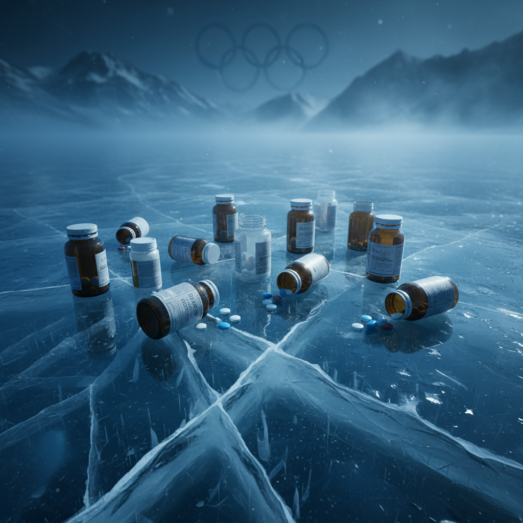 스포츠 약물 논란을 시각화한 약병과 얼음