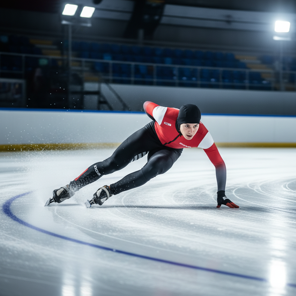 빙판 위를 질주하는 쇼트트랙 선수의 역동적인 모습