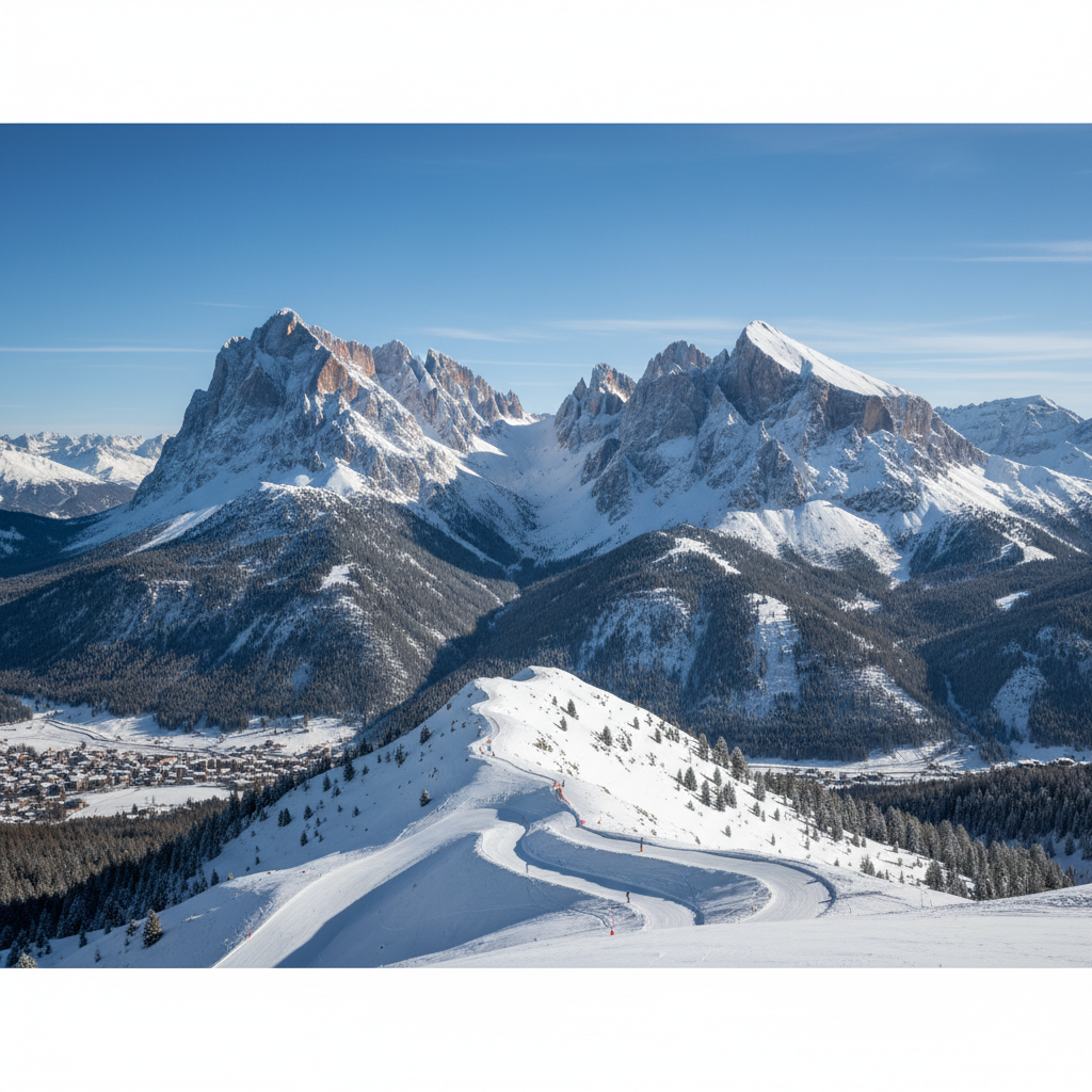 알프스 산맥의 눈 덮인 설경과 스키 코스