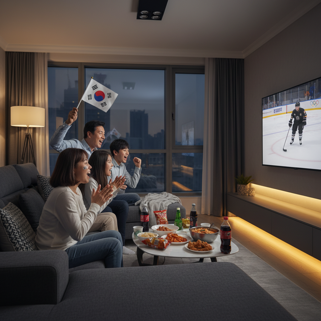 거실에서 태극기를 들고 올림픽 경기를 응원하는 가족