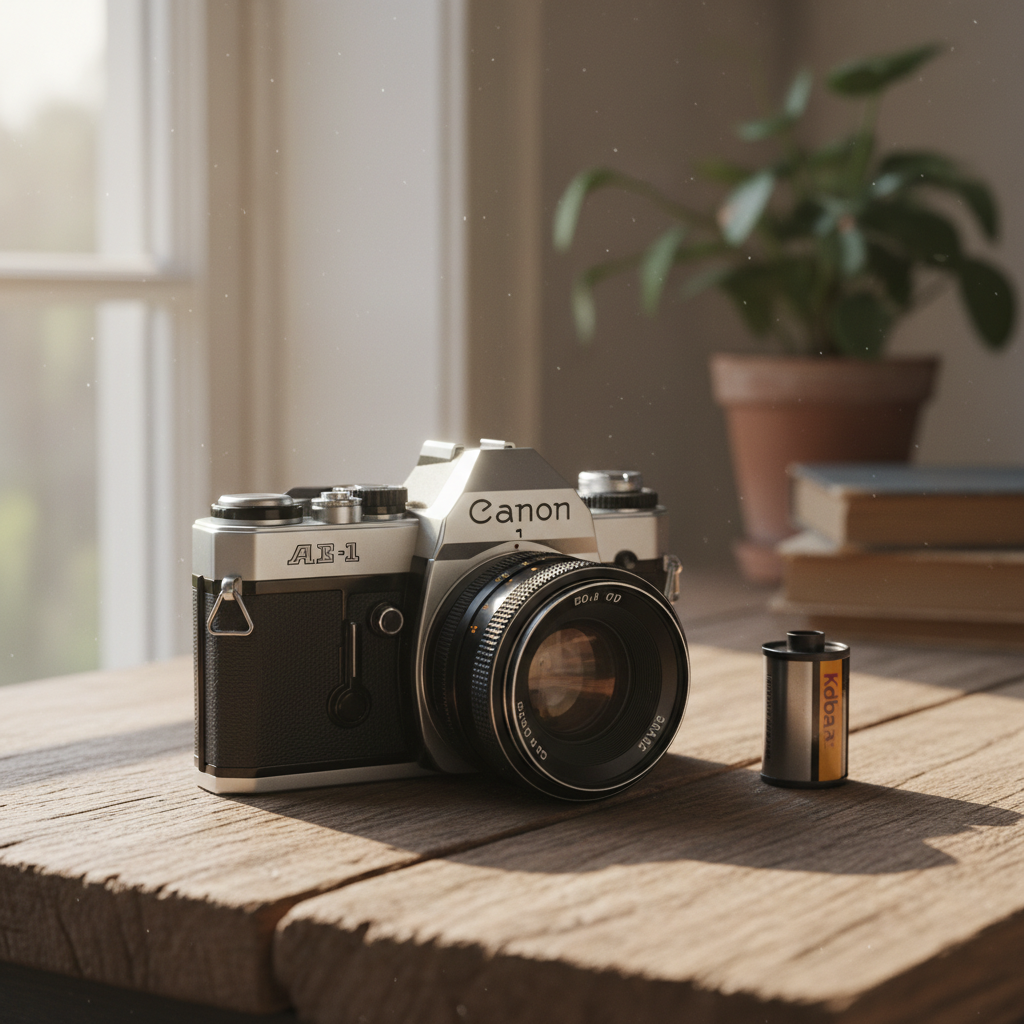 나무 책상 위에 놓인 빈티지 캐논 필름 카메라