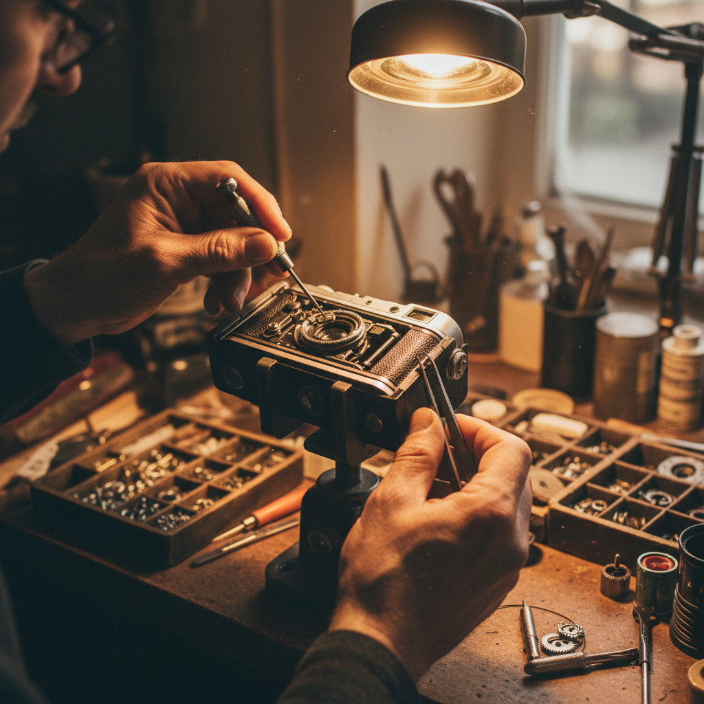 정밀 도구로 빈티지 카메라를 수리하는 전문가의 손길
