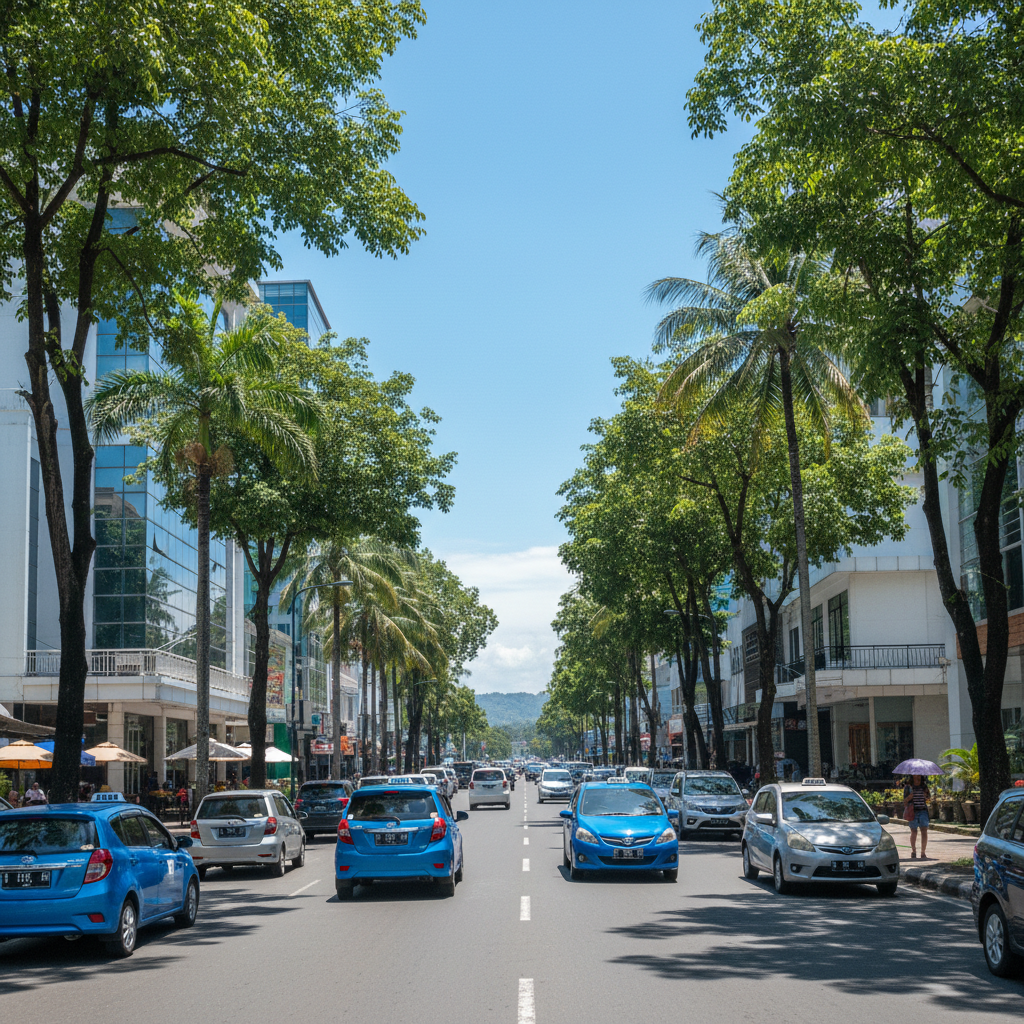 인도네시아 마나도 시내를 달리는 푸른색 택시와 차량들