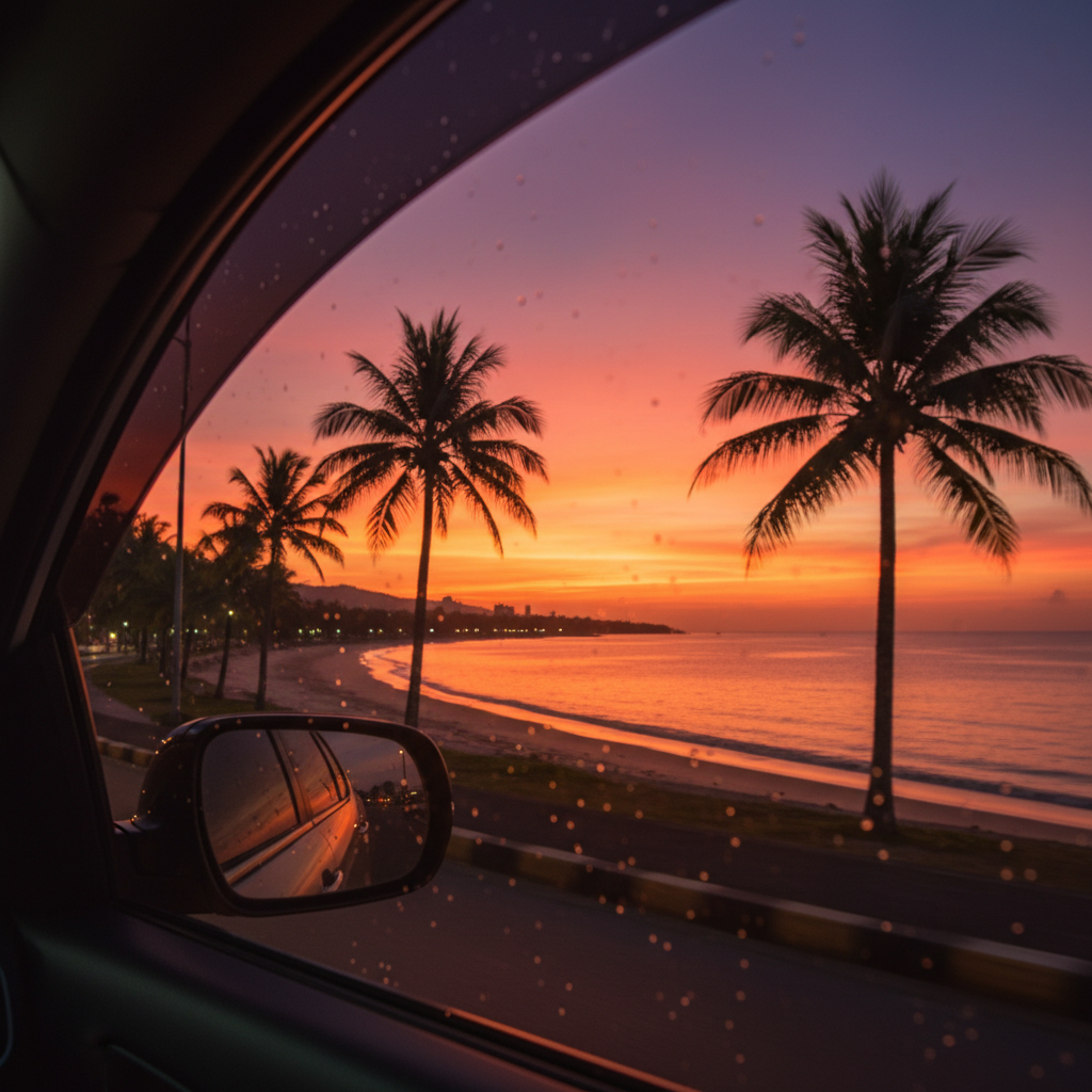 차 창밖으로 보이는 마나도 해안 도로의 아름다운 일몰