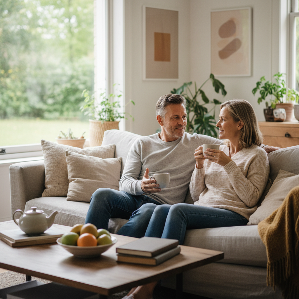 차를 마시며 대화를 나누는 편안한 커플의 모습