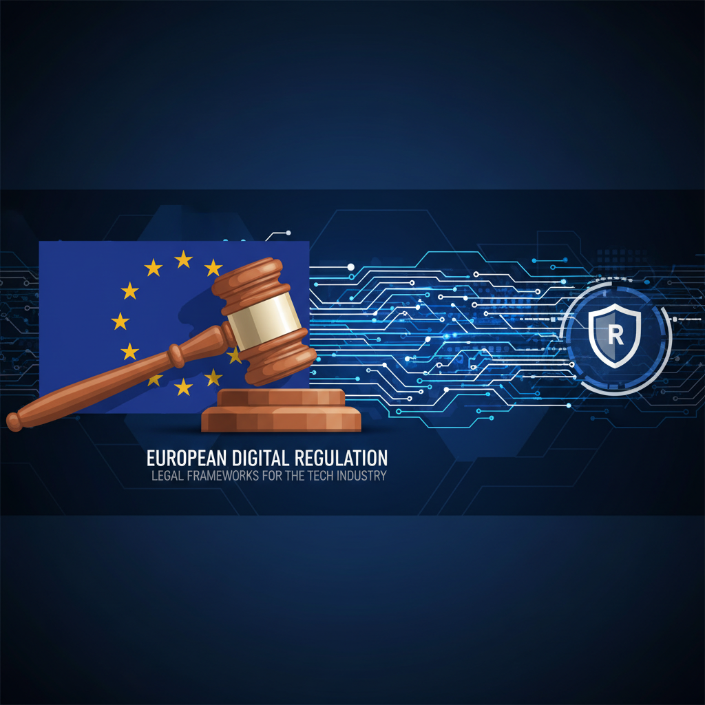 유럽 연합을 상징하는 깃발과 디지털 법전 이미지