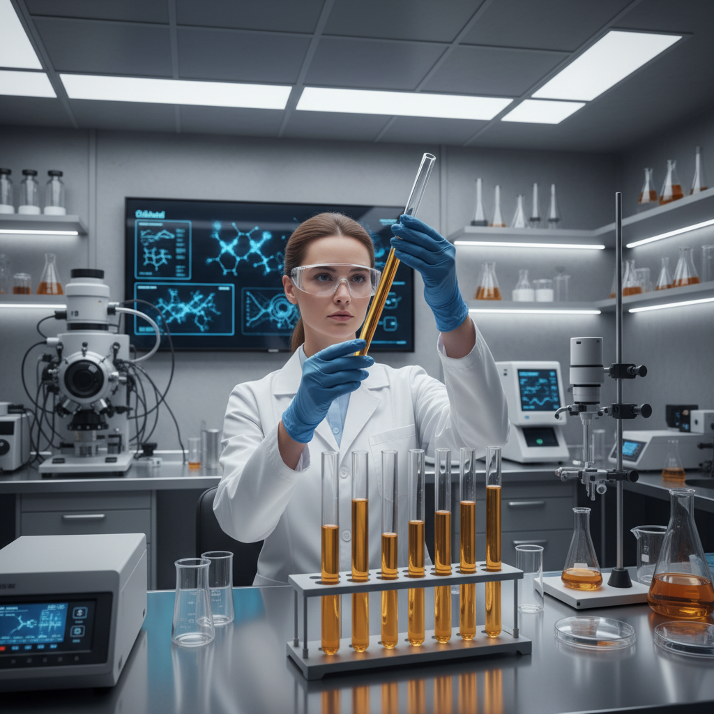 A professional scientist in a modern laboratory analyzing golden honey in glass tubes, high-tech equipment, clean and bright environment, realistic photography, 4:3