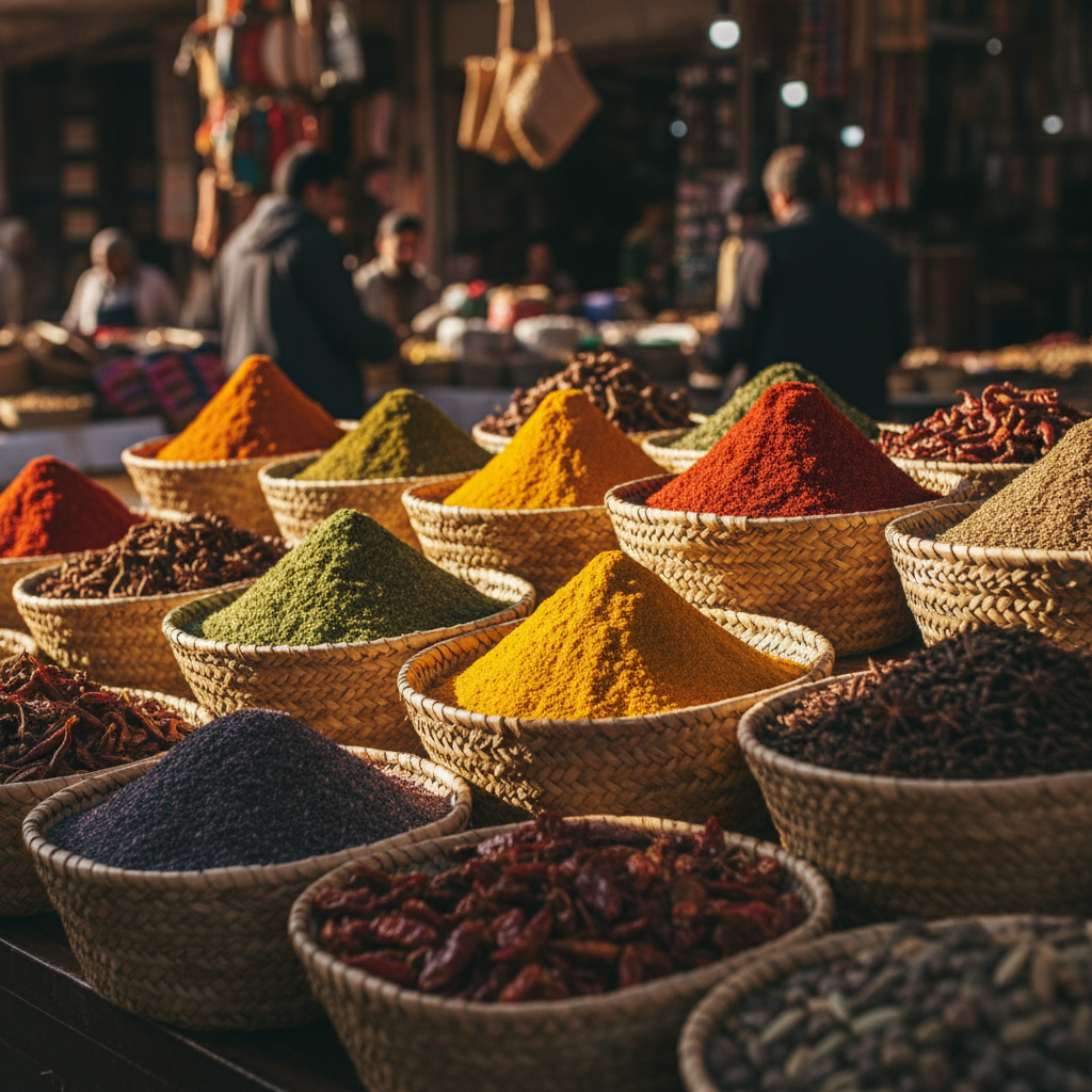 다양한 종류의 향신료가 가득 담긴 시장의 바구니들