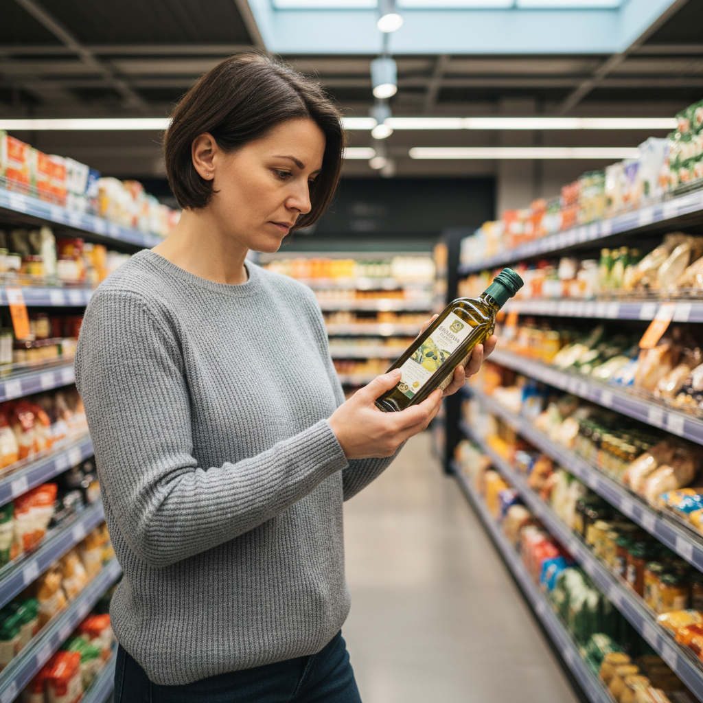 대형 마트에서 신선한 식재료의 라벨을 꼼꼼히 확인하는 사람