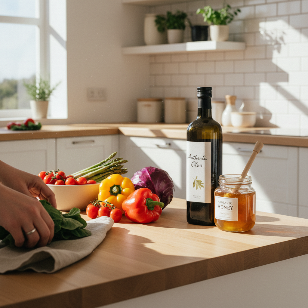 주방에서 신선한 재료로 직접 요리를 준비하는 건강한 모습