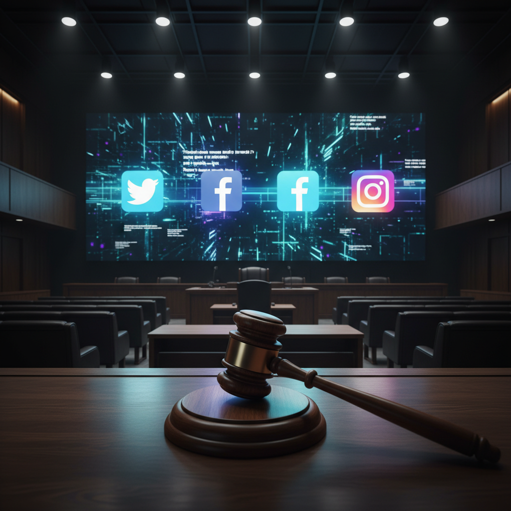 A professional courtroom scene with a large digital screen displaying abstract email text and social media icons, a judge’s gavel on a wooden desk in the foreground, high contrast, sharp focus, 4:3