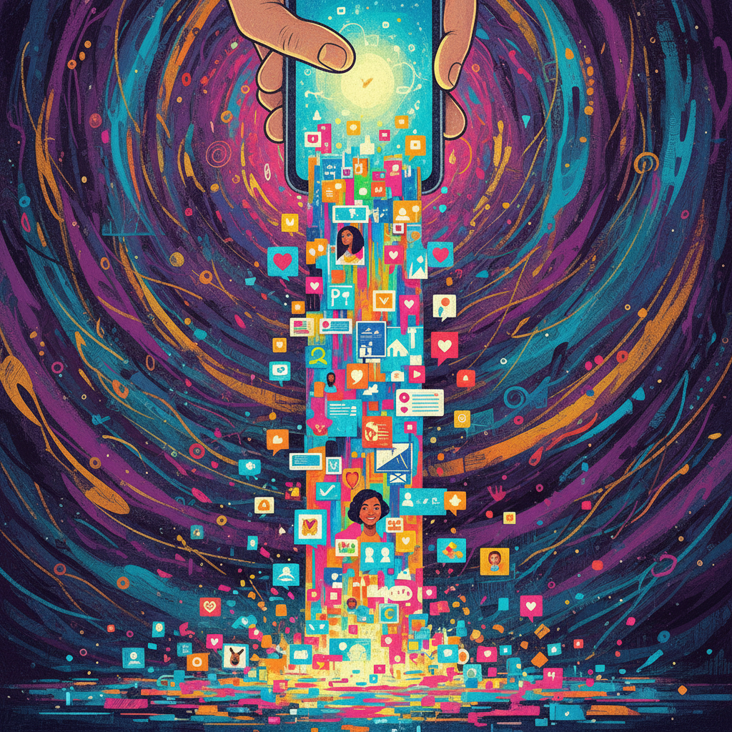 소셜 미디어의 무한 스크롤 기능을 형상화한 일러스트