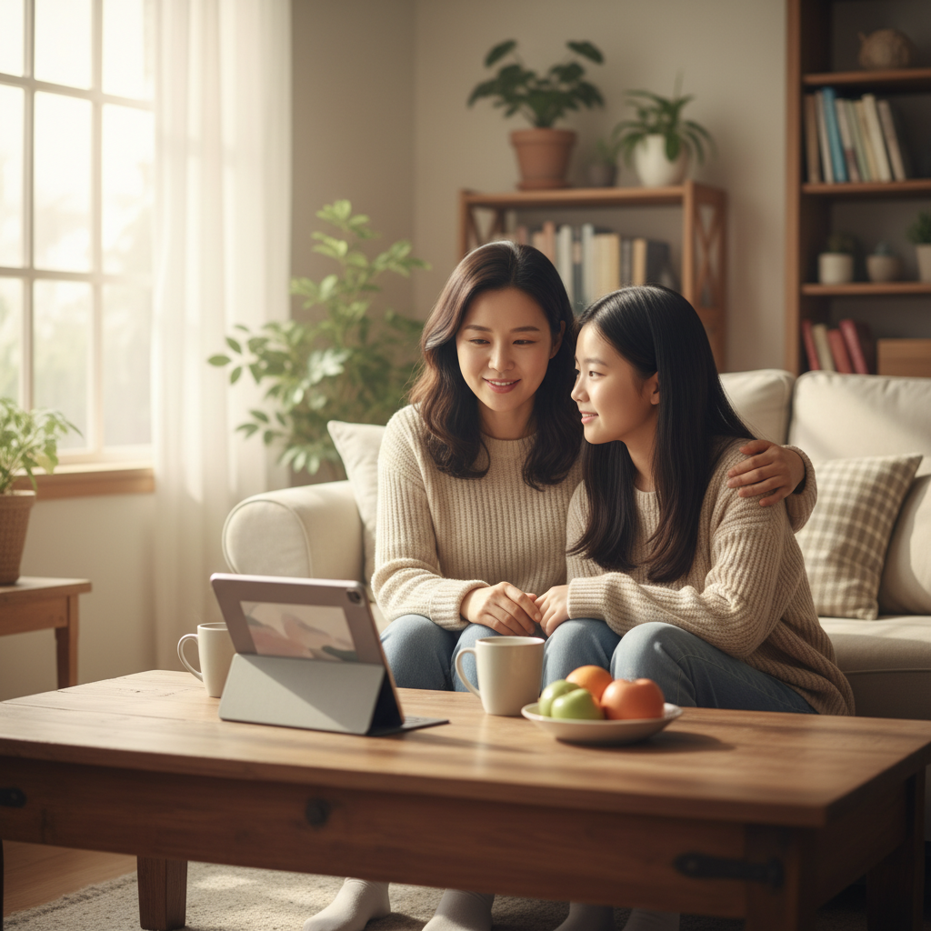 디지털 기기 사용 시간을 조절하며 대화하는 가족