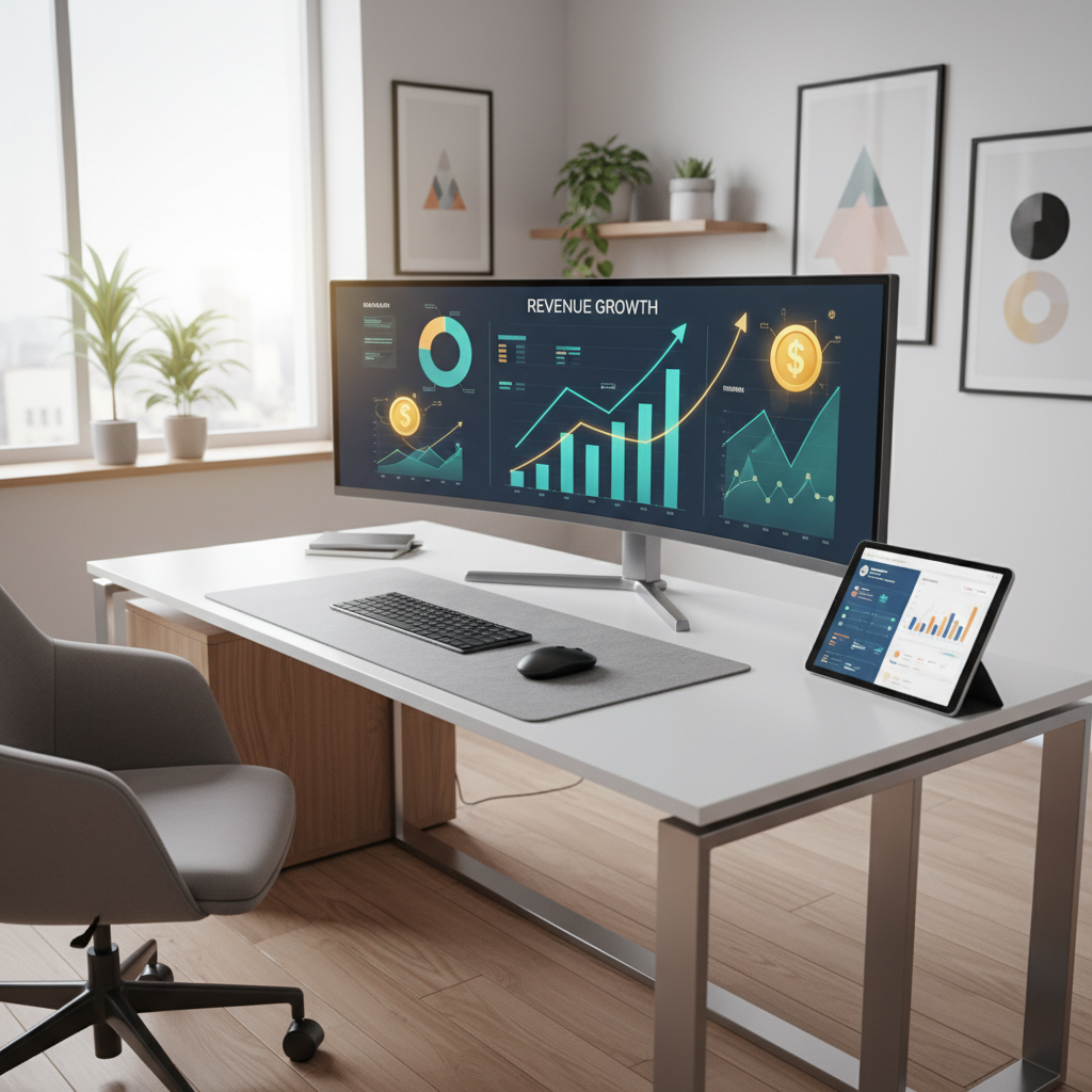 A professional digital marketing workspace with a high-end computer monitor displaying rising revenue charts and golden coin icons. The environment is modern and clean with soft natural lighting coming from a window. 4:3