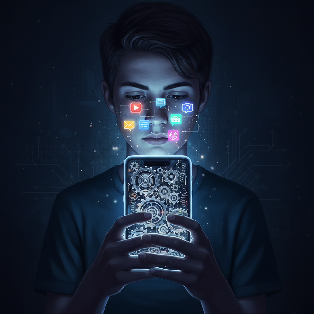 스마트폰 화면 속으로 빨려 들어가는 듯한 아이의 모습