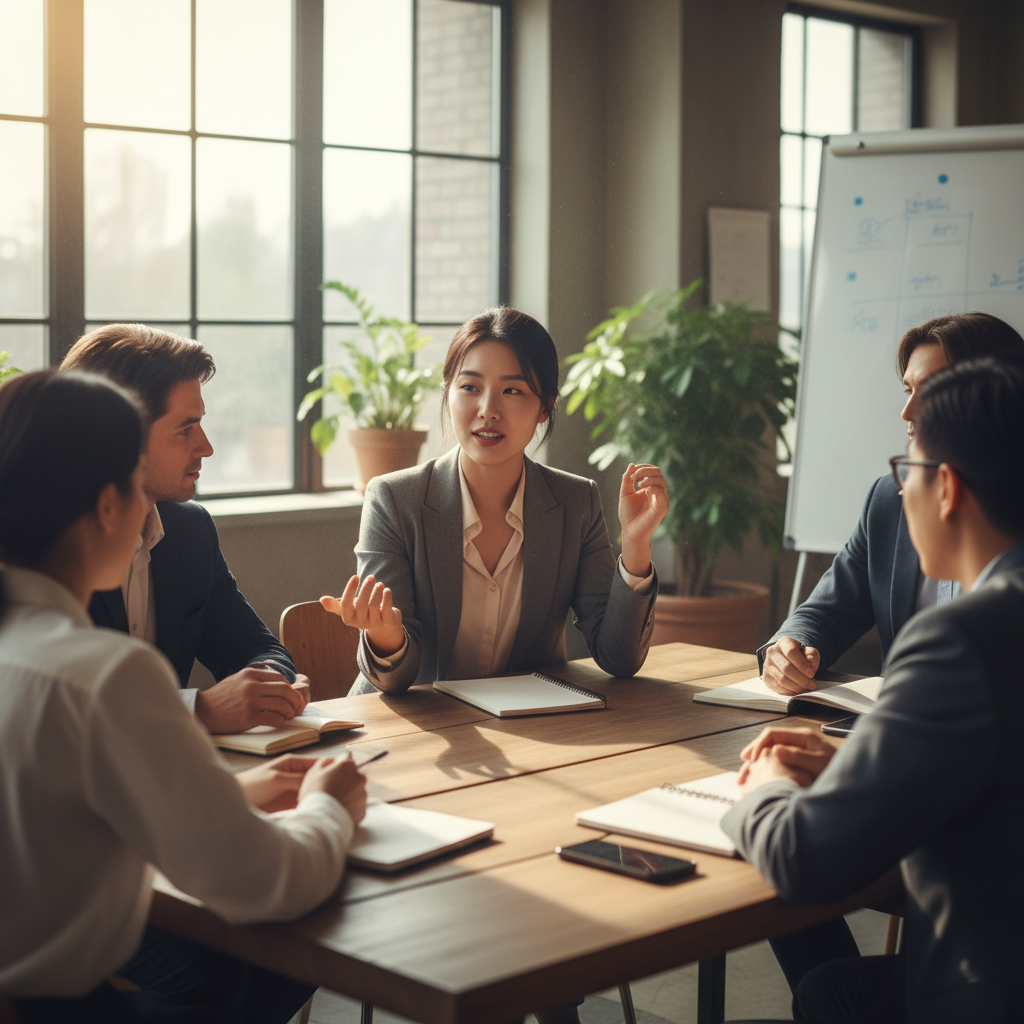당당하게 의사소통하며 타인과 대화하는 장면