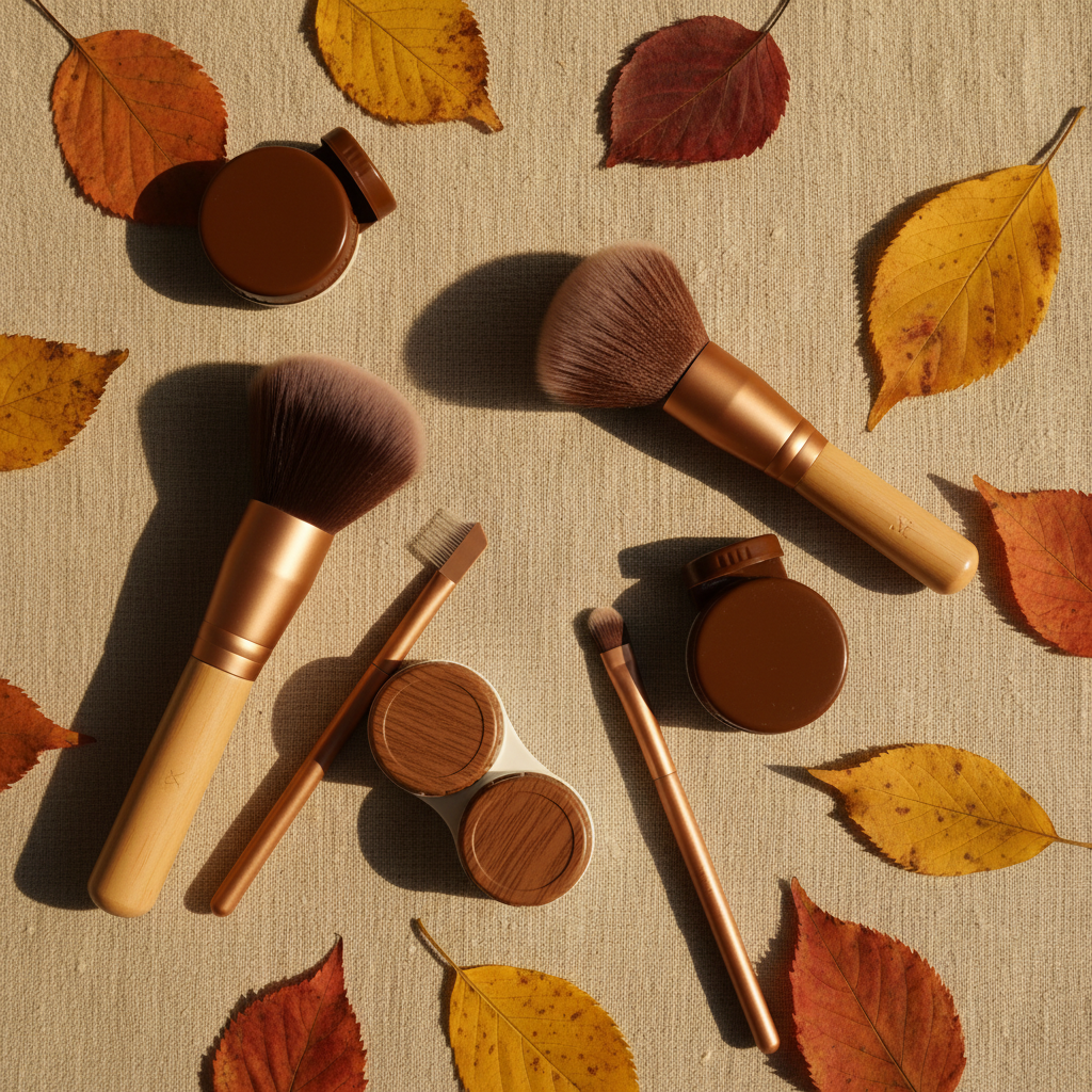 A flat lay composition featuring various brown contact lens cases, soft makeup brushes, and autumn leaves on a warm beige fabric background. The lighting is soft and golden, creating a cozy and aesthetic atmosphere. 4:3