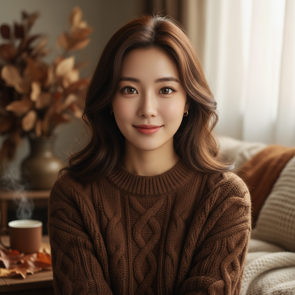 따스한 햇살 아래 갈색 니트를 입고 렌즈를 착용한 여성의 모습