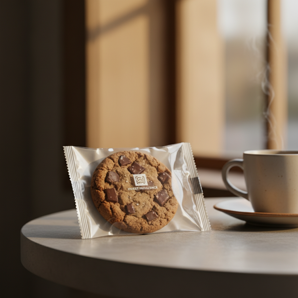 A high-quality lifestyle photograph of a premium individually wrapped chocolate cookie on a modern cafe table. The packaging is sleek and clear showing a thick dark chocolate cookie inside. Soft warm cafe lighting with a blurred coffee cup in the background. 1:1