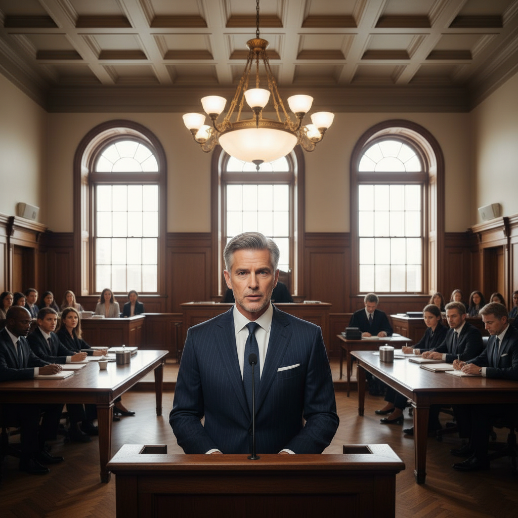 A high-profile tech executive testifying in a professional courtroom setting, wearing a suit, speaking into a microphone, serious and formal atmosphere, wide shot, 4:3