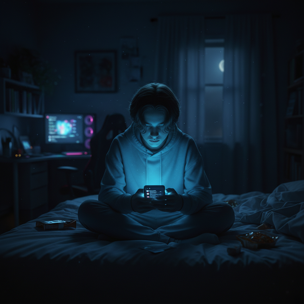 어두운 방에서 스마트폰을 사용하는 청소년