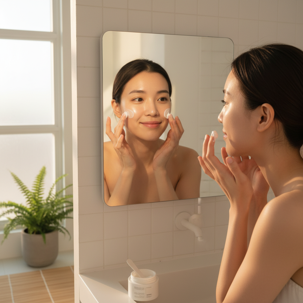 거울을 보며 수분크림을 바르는 자연스러운 모습