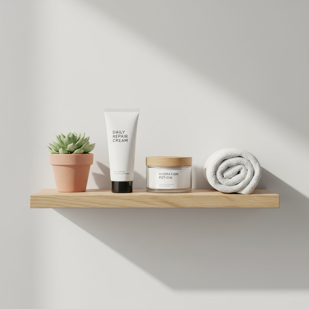 화장대 위에 정갈하게 놓인 스킨케어 제품들
