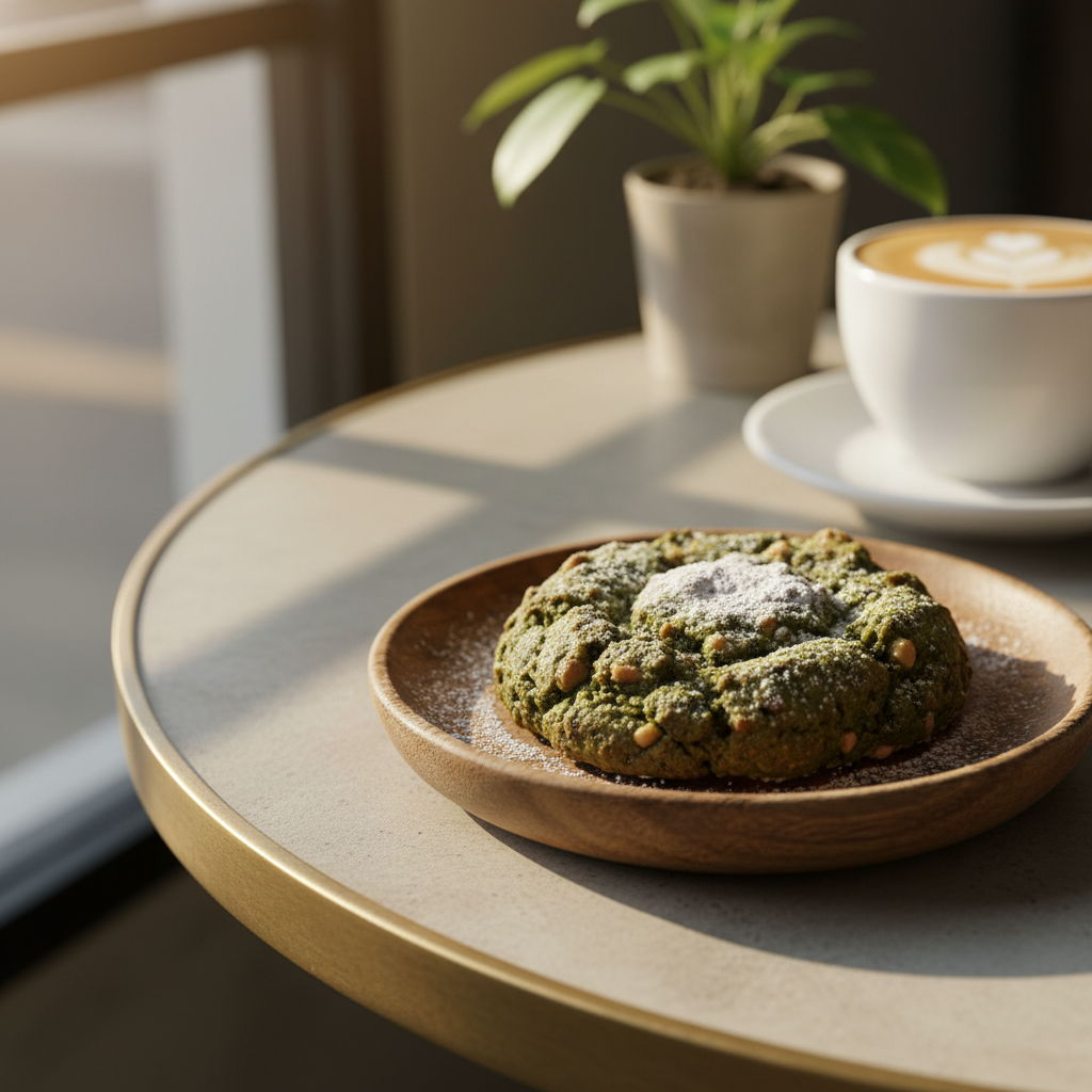 A high-quality lifestyle photograph of a premium matcha green tea cookie with a crunchy texture, placed on a modern cafe table with a cup of coffee in the background. The lighting is warm and natural. No text. 4:3