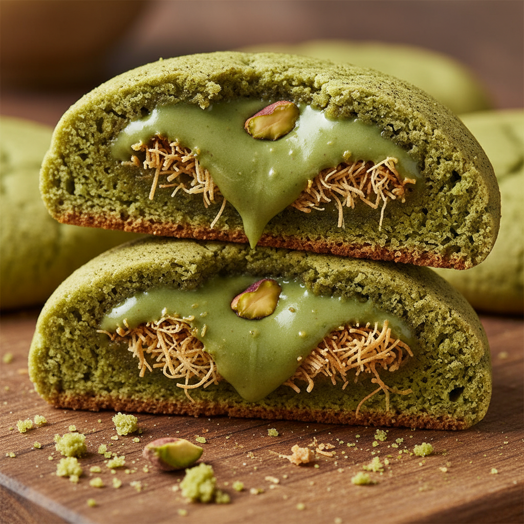 카다이프와 피스타치오 스프레드가 가득한 쿠키 단면