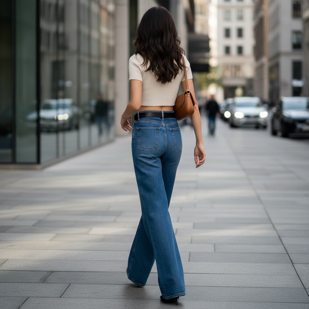 A stylish woman wearing high-waisted wide denim jeans and a short crop top walking on a modern city street, back view, showing a long leg silhouette, soft natural daylight, fashion photography style, 4:3