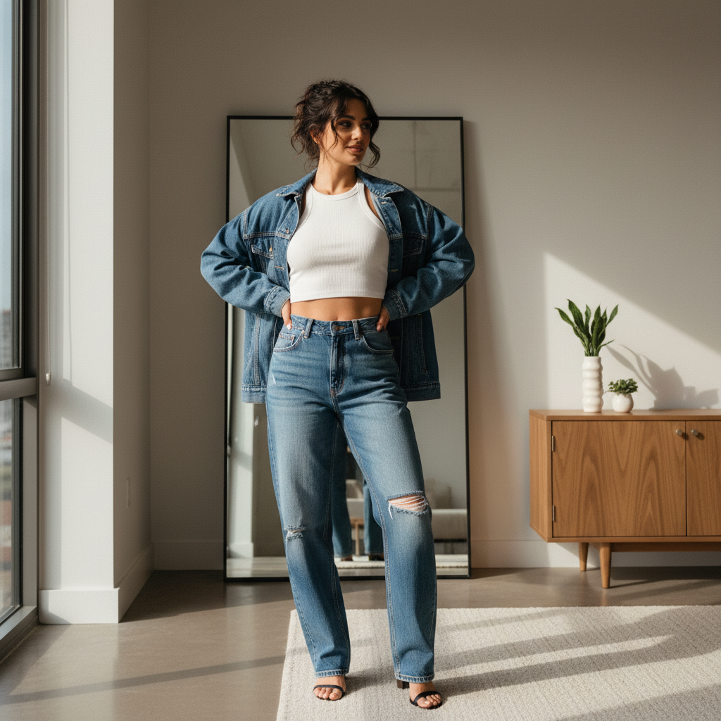 데님 팬츠를 입고 거울 앞에서 자신감을 느끼는 모습