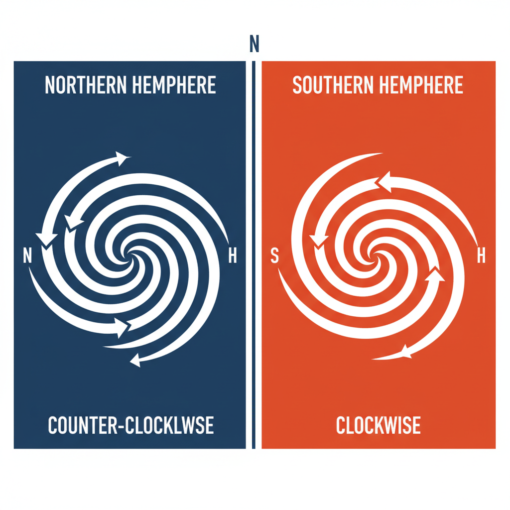 북반구와 남반구에서 서로 반대로 회전하는 폭풍의 비교