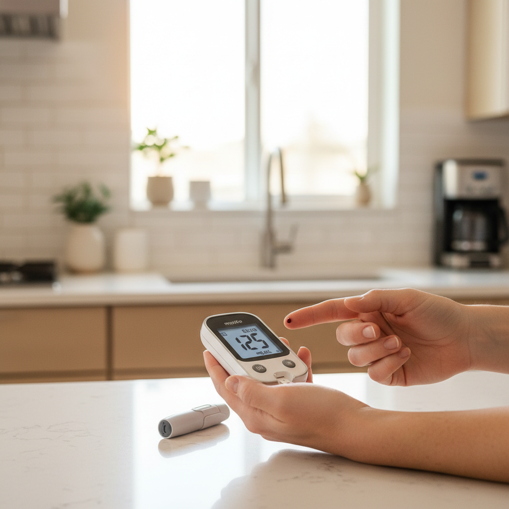 A clean and modern close-up of a person using a digital glucose meter to check their blood sugar levels. The background is a bright, warm domestic kitchen setting with soft sunlight. High quality, realistic lifestyle photography. 4:3