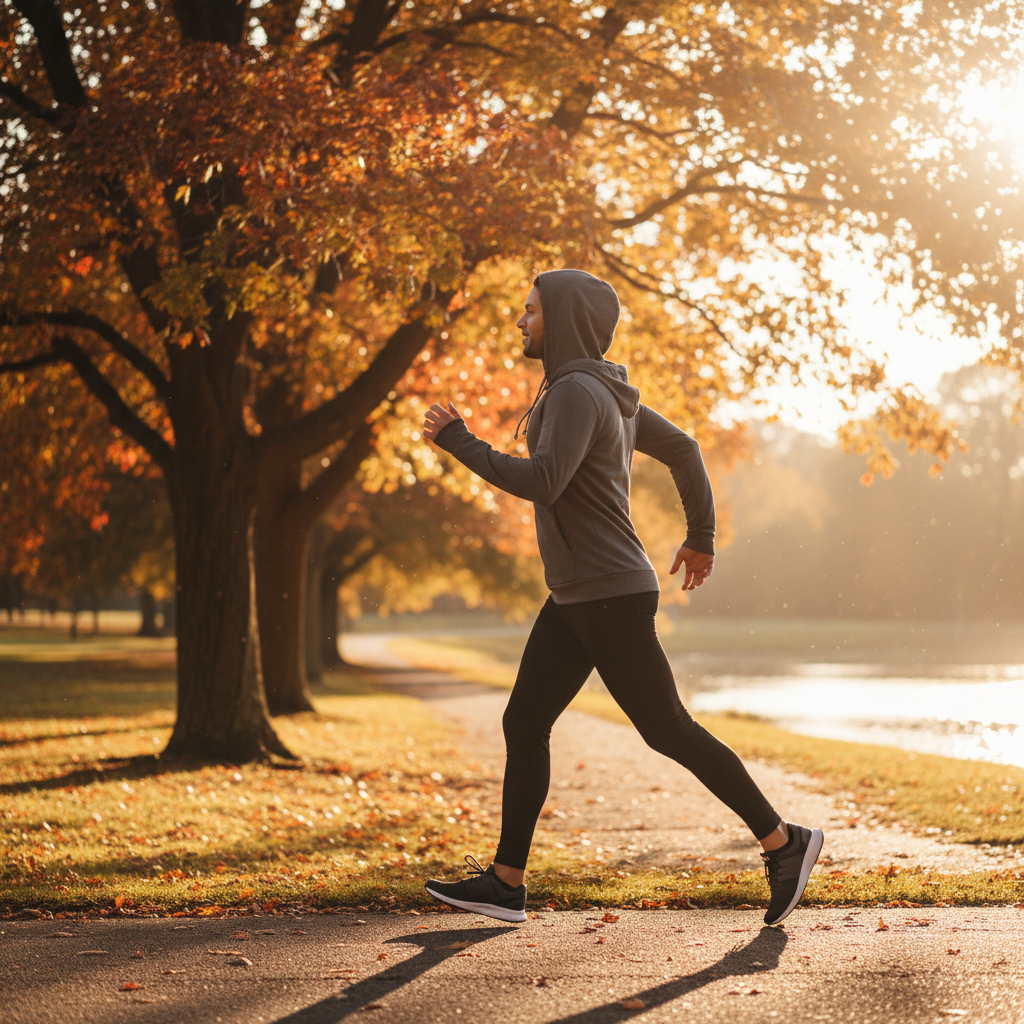 공원에서 활기차게 걷고 있는 사람의 모습