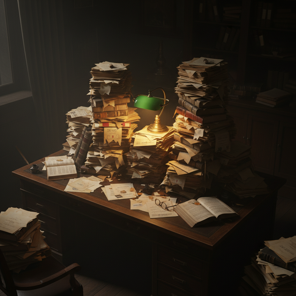 방대한 양의 법적 문서와 비밀스러운 분위기