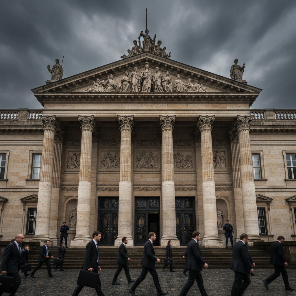 유럽의 고풍스러운 관공서와 긴장감 넘치는 분위기