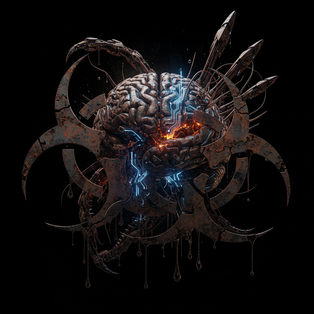 생화학 위험 기호와 결합된 인공지능 회로 형상