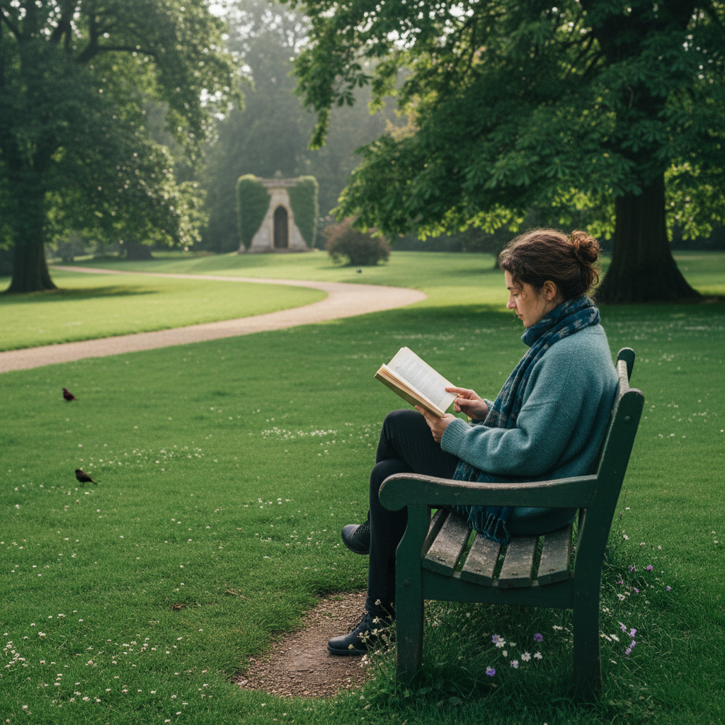 공원 벤치에서 시집을 읽으며 휴식을 취하는 사람