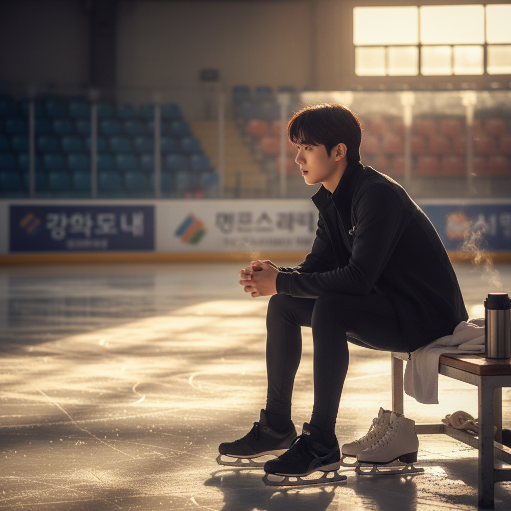 연습복을 입고 빙상장 벤치에 앉아 고민하는 선수