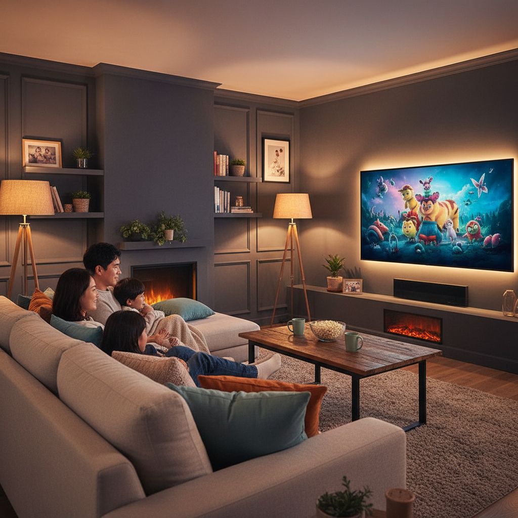 명절 연휴 거실에서 영화를 시청하는 가족의 모습