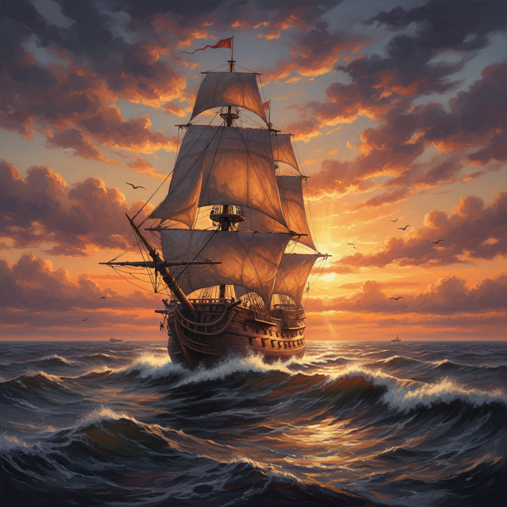 거친 파도를 배경으로 한 웅장한 함선의 모습