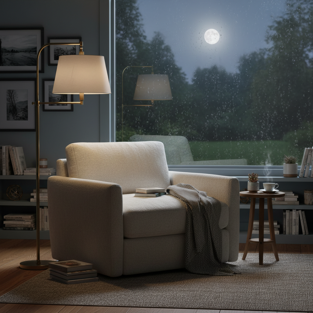 아늑한 조명이 켜진 야간 거실의 평화로운 풍경