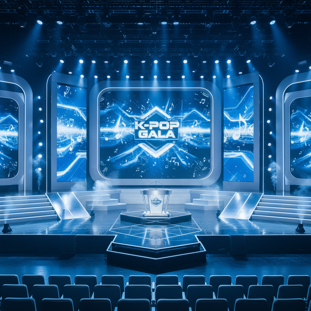 화려한 조명 아래 펼쳐진 현대적인 시상식 무대