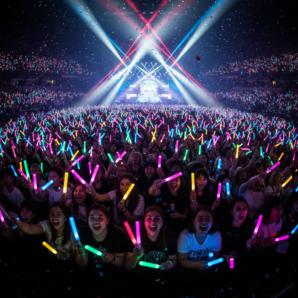 공연장에서 응원봉을 흔드는 열정적인 팬들의 모습