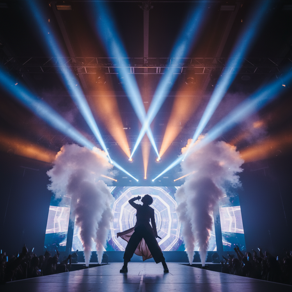 화려한 조명 아래 무대 퍼포먼스를 하는 실루엣