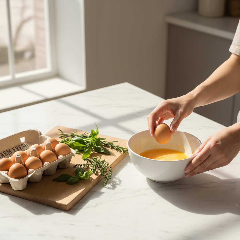 주방 테이블 위 신선한 계란과 조리 도구들