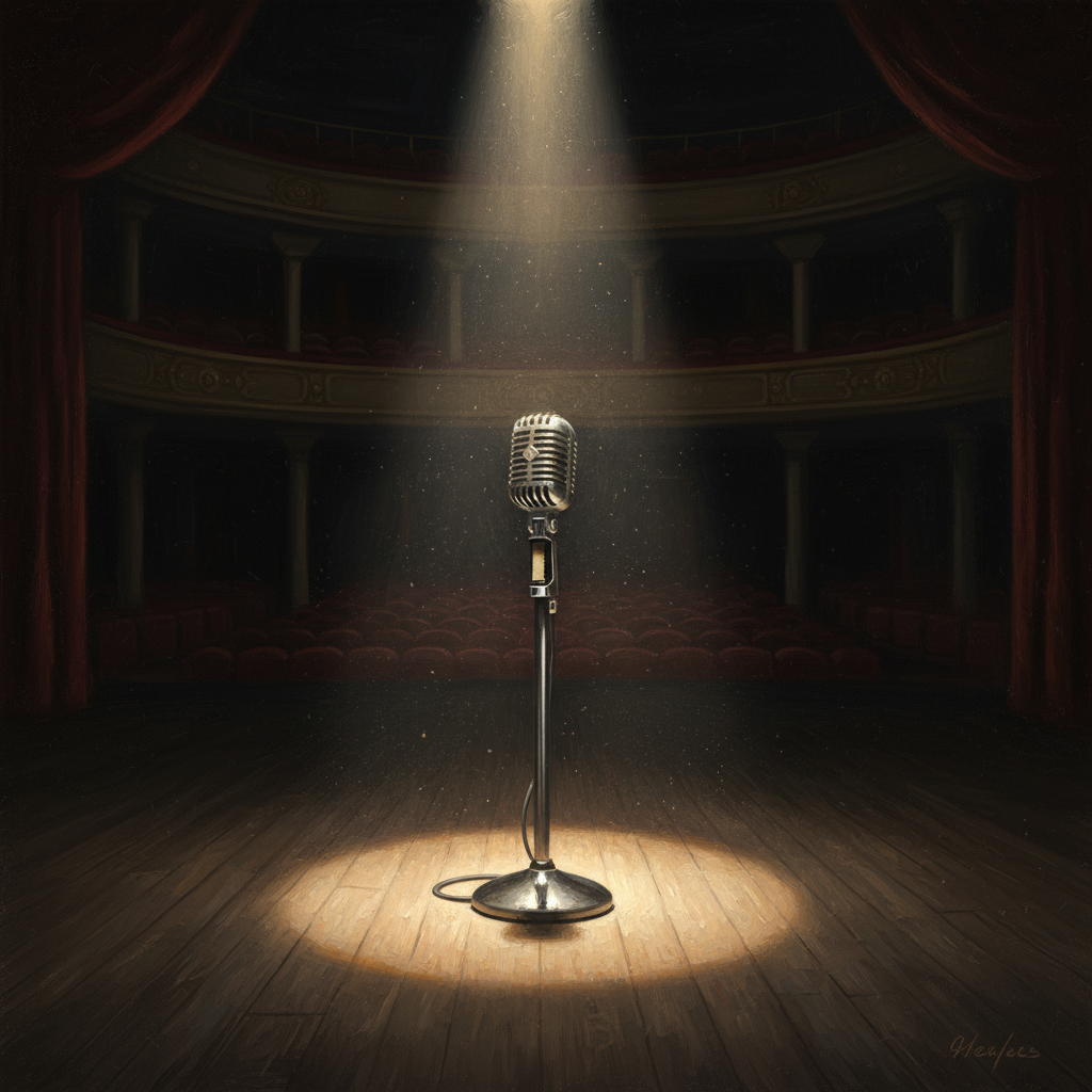 무대 위 홀로 빛나는 마이크와 스포트라이트