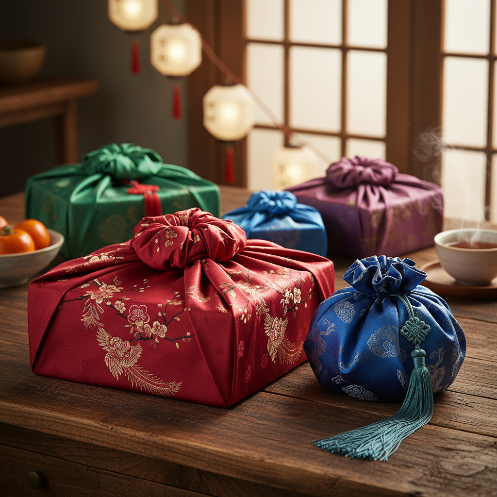 정갈한 한국 전통 보자기 선물과 복주머니