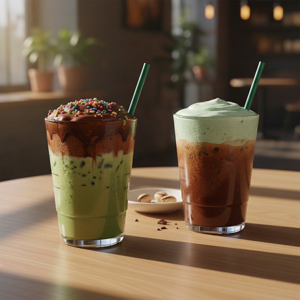 Two iced Starbucks drinks on a modern wooden cafe table with soft morning sunlight. One drink has a green matcha base with thick dark chocolate foam on top and crunchy sprinkles. The other drink is a dark mocha color with a light green pistachio foam on top. High quality lifestyle photography, realistic textures, no text. 1:1