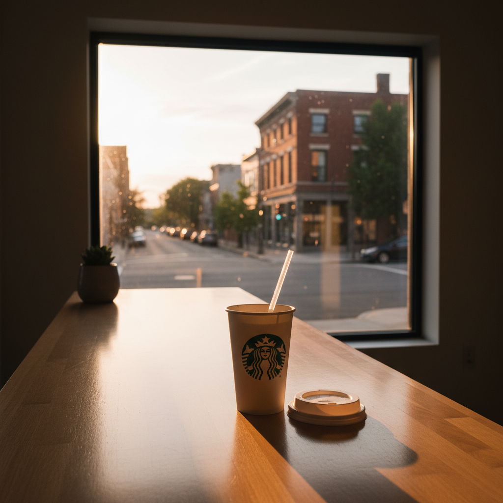 카페 창가 자리에 놓인 빈 컵과 차분한 오후 풍경